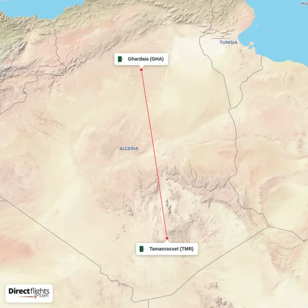 Ghardaia - Tamanrasset direct flight map