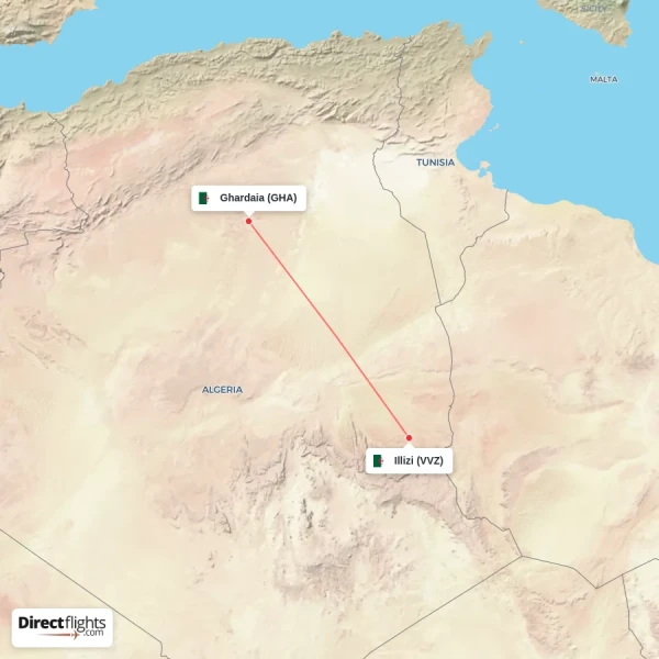 Ghardaia - Illizi direct flight map