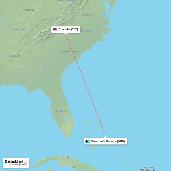 Governor's Harbour - Charlotte direct flight map