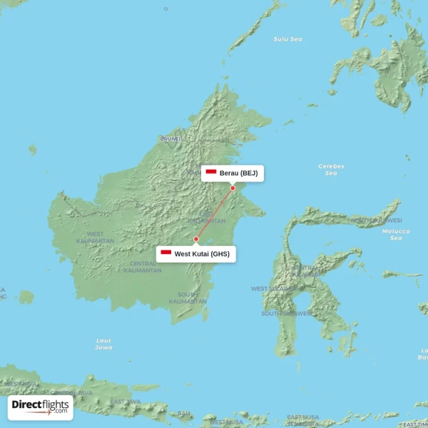 West Kutai - Berau direct flight map