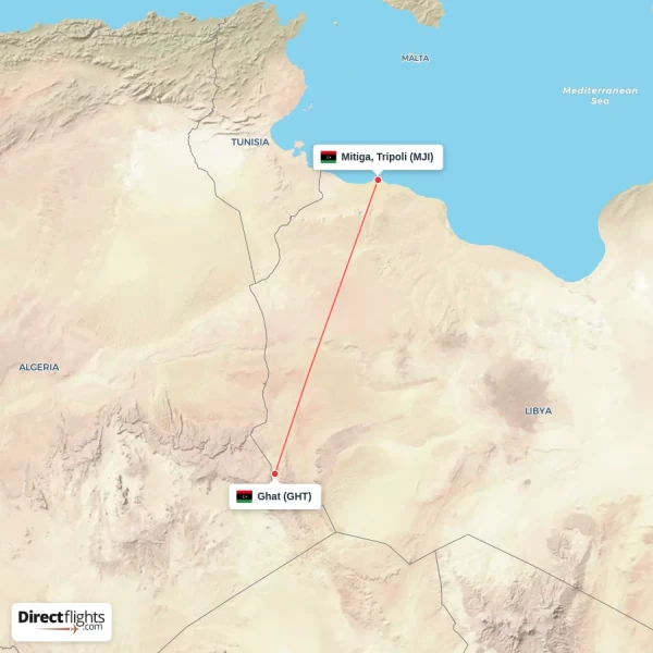 Ghat - Mitiga, Tripoli direct flight map