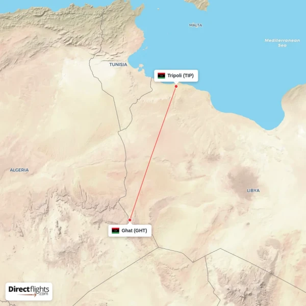 Ghat - Tripoli direct flight map