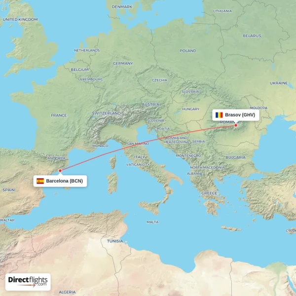 Brasov - Barcelona direct flight map