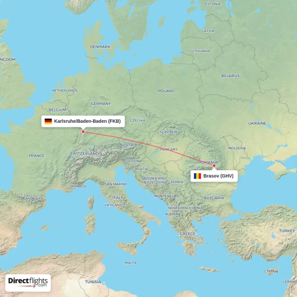 Brasov - Karlsruhe/Baden-Baden direct flight map