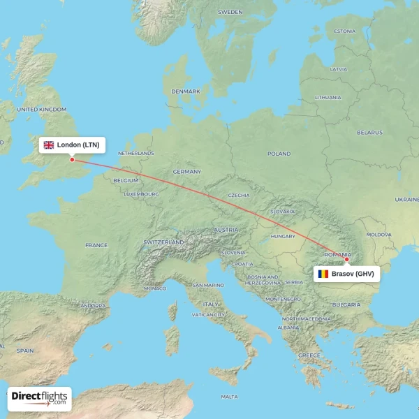 Brasov - London direct flight map
