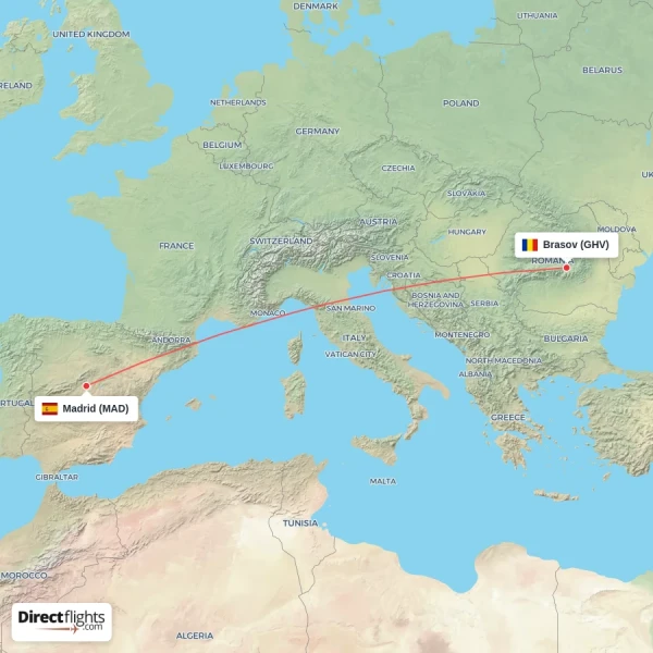 Brasov - Madrid direct flight map