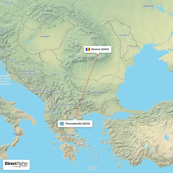 Brasov - Thessaloniki direct flight map