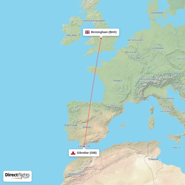 Gibraltar - Birmingham direct flight map