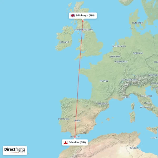 Gibraltar - Edinburgh direct flight map