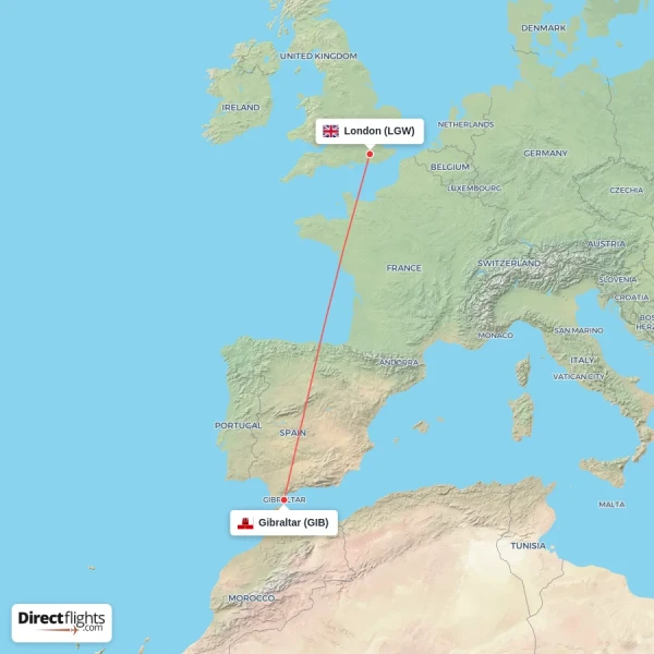 Gibraltar - London direct flight map