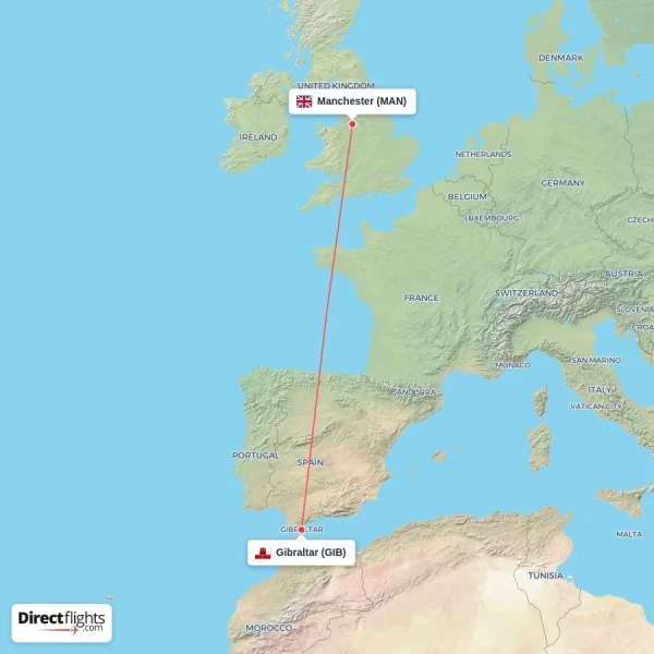 Gibraltar - Manchester direct flight map