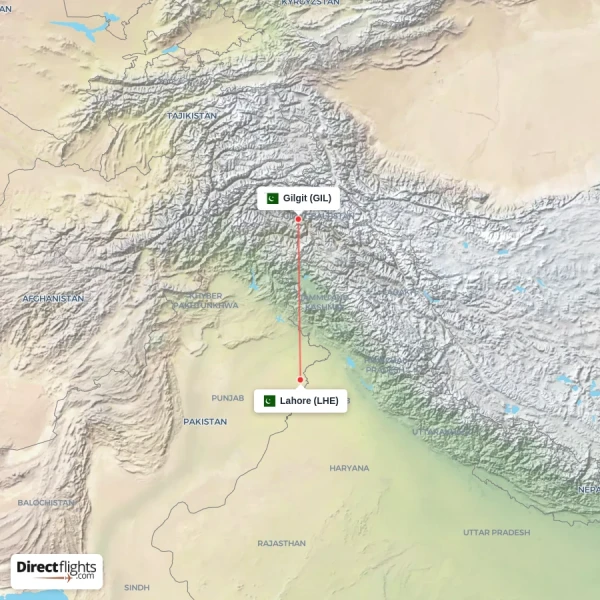 Gilgit - Lahore direct flight map