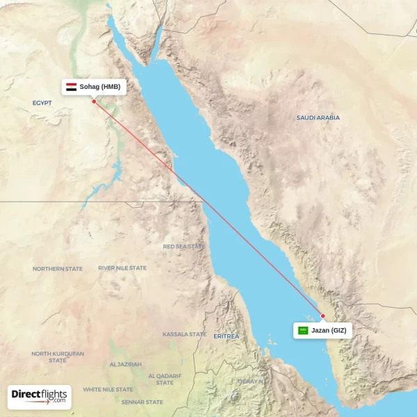 Jazan - Sohag direct flight map