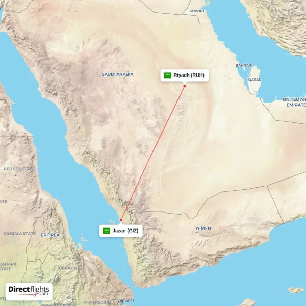 Jazan - Riyadh direct flight map