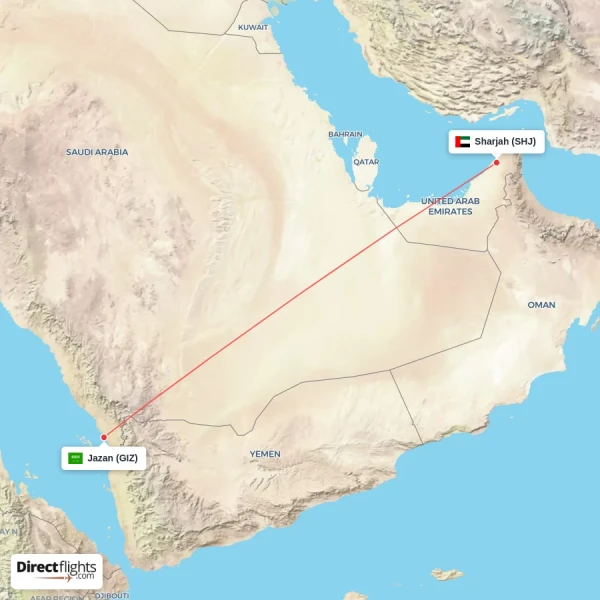 Jazan - Sharjah direct flight map