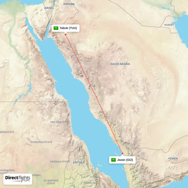 Jazan - Tabuk direct flight map