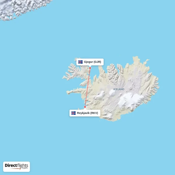 Gjogur - Reykjavik direct flight map