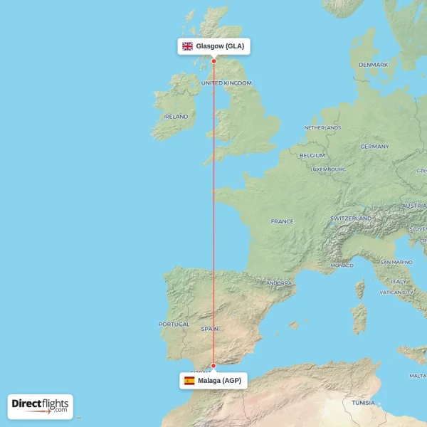 Glasgow - Malaga direct flight map