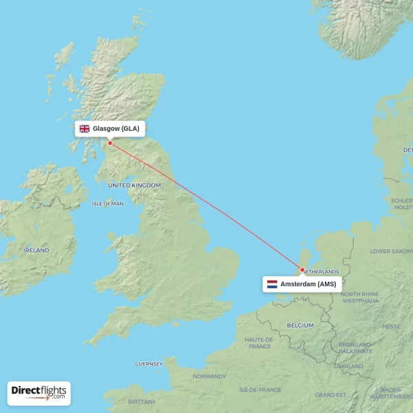 Glasgow - Amsterdam direct flight map