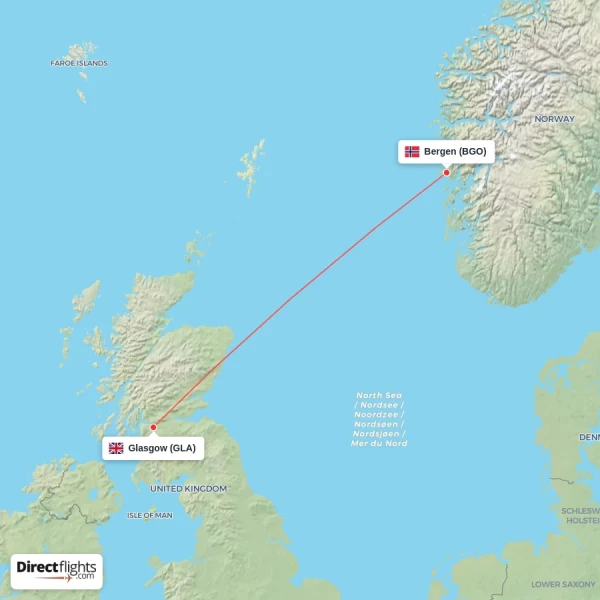 Glasgow - Bergen direct flight map