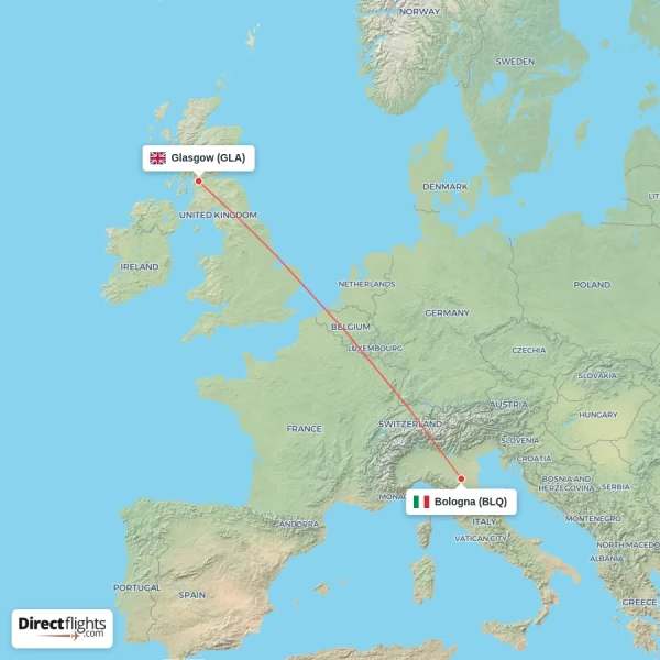 Glasgow - Bologna direct flight map