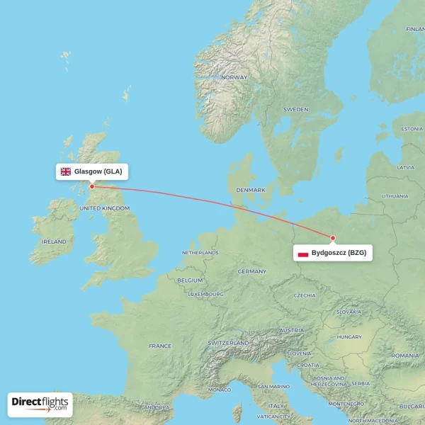 Glasgow - Bydgoszcz direct flight map