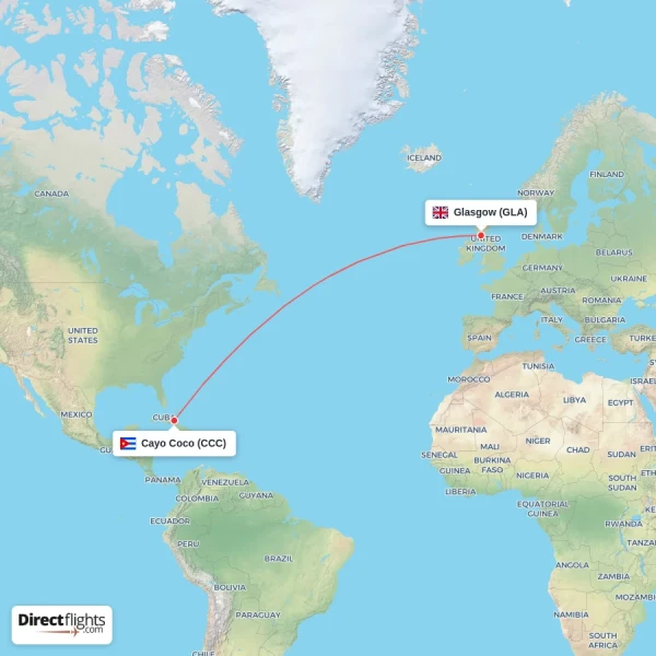 Glasgow - Cayo Coco direct flight map