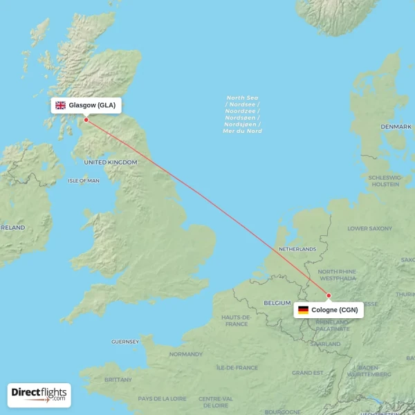 Glasgow - Cologne direct flight map