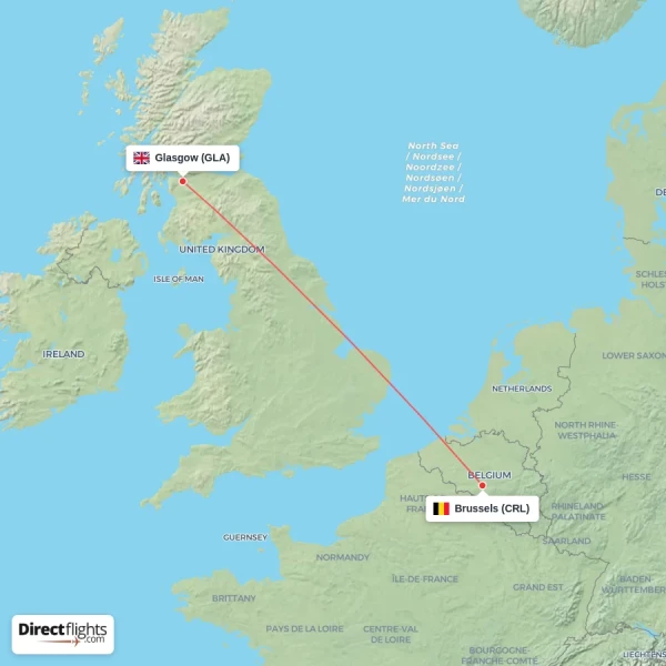Glasgow - Brussels direct flight map