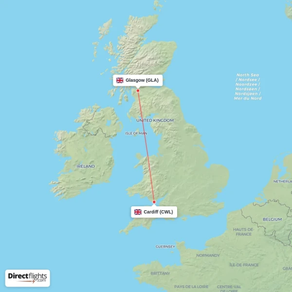 Glasgow - Cardiff direct flight map