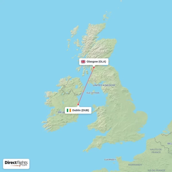 Glasgow - Dublin direct flight map