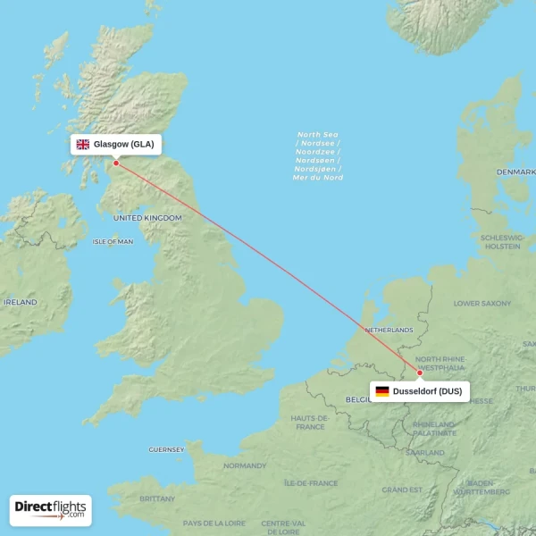 Glasgow - Dusseldorf direct flight map