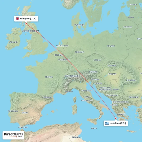 Glasgow - Kefallinia direct flight map