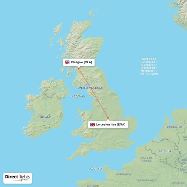 Glasgow - Leicestershire direct flight map