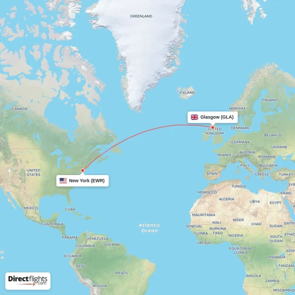 Glasgow - New York direct flight map