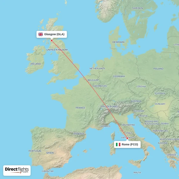 Glasgow - Rome direct flight map