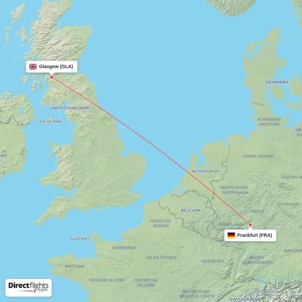 Glasgow - Frankfurt direct flight map