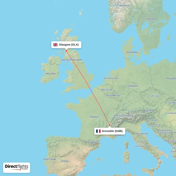 Glasgow - Grenoble direct flight map