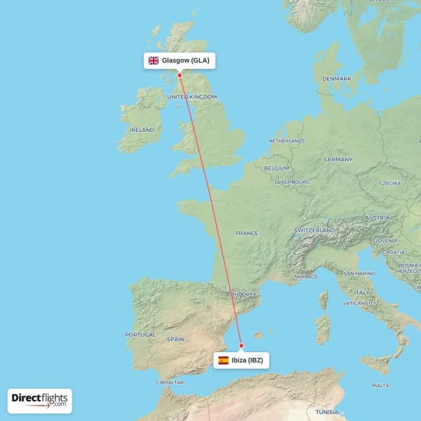 Glasgow - Ibiza direct flight map