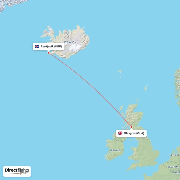 Glasgow - Reykjavik direct flight map