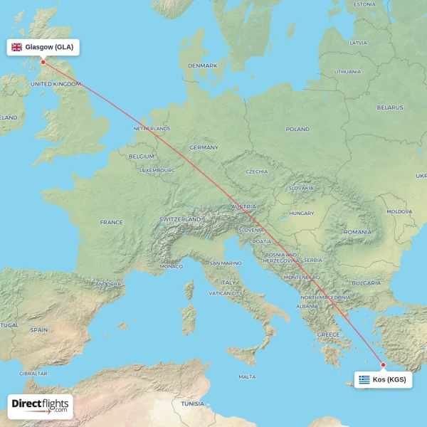 Glasgow - Kos direct flight map