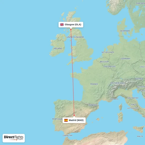 Glasgow - Madrid direct flight map