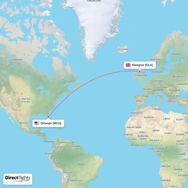 Glasgow - Orlando direct flight map
