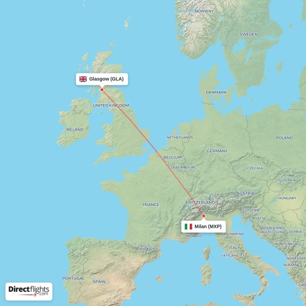 Glasgow - Milan direct flight map
