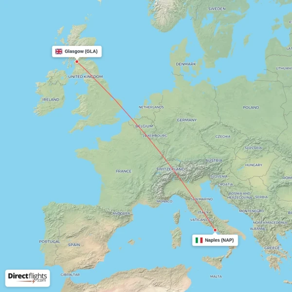 Glasgow - Naples direct flight map