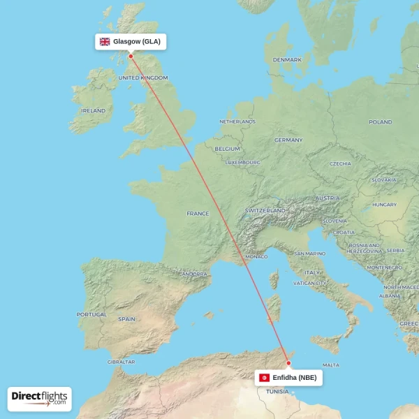 Glasgow - Enfidha direct flight map