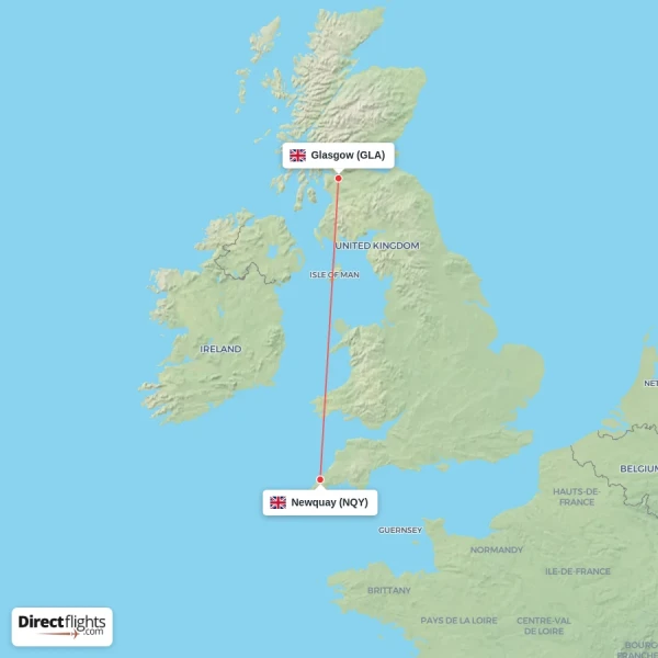 Glasgow - Newquay direct flight map