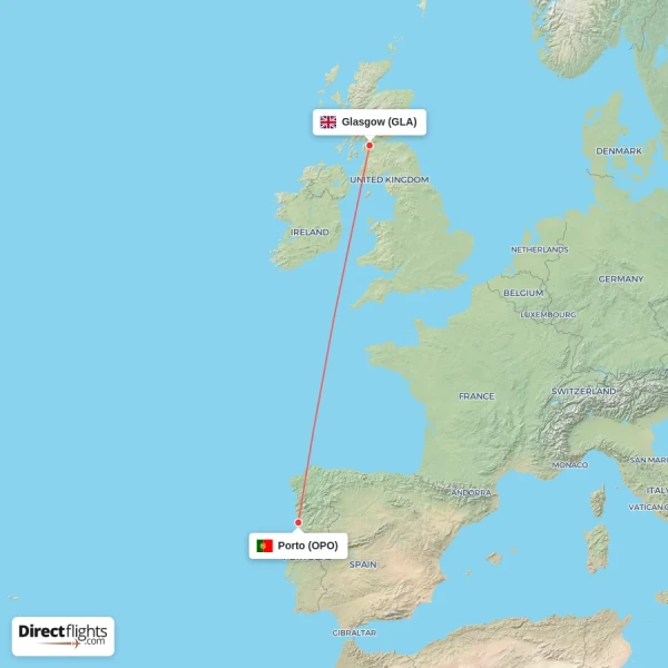 Glasgow - Porto direct flight map