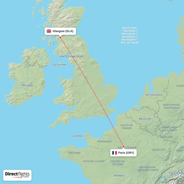 Glasgow - Paris direct flight map