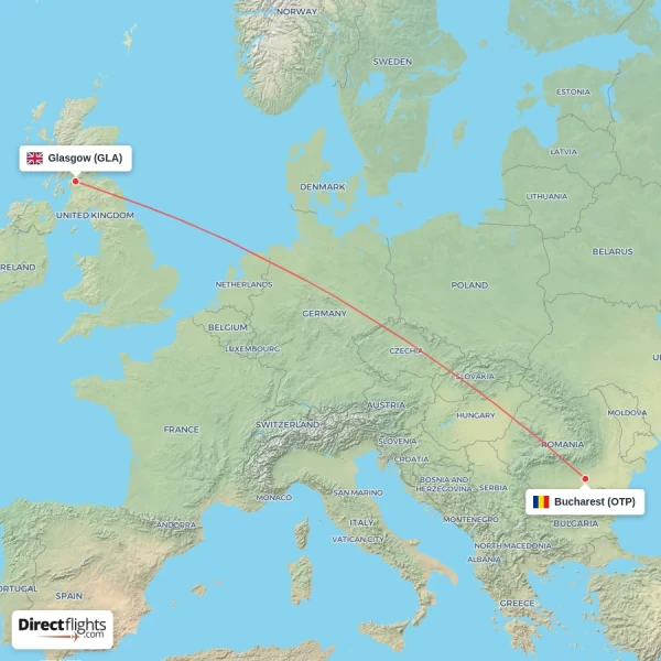 Glasgow - Bucharest direct flight map